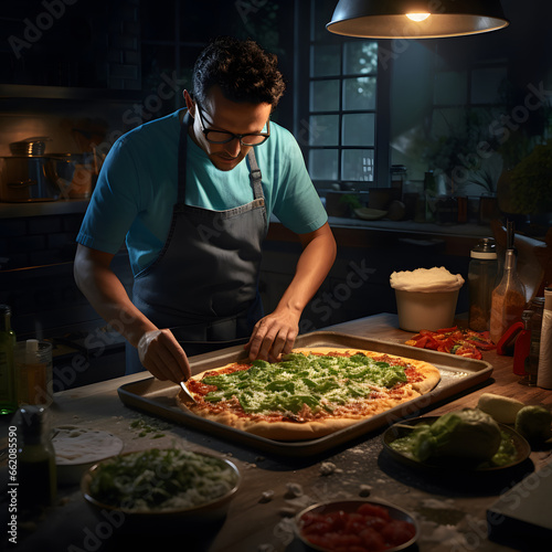 the chef making pizza in the kitchen