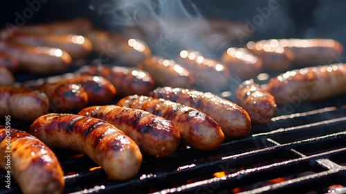 Grilled sausages. Sausages being cooked on the grill grate with fire