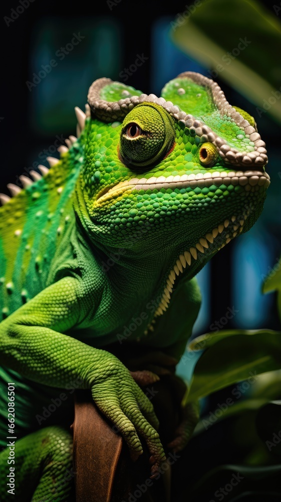Fototapeta premium A vibrant green lizard perched on a branch in a close-up shot