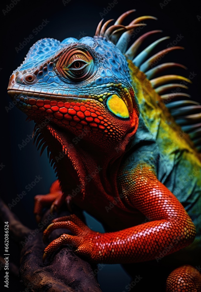 Fototapeta premium A lizard perched on a branch, showcasing its intricate scales and vibrant colors
