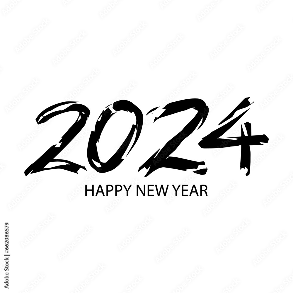 Happy New Year 2024. Hand drawn brush lettering on white background. Grunge style. Happy New Year 2024. Hand drawn brush lettering on white background. Grunge style.