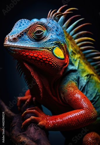 A lizard perched on a branch  showcasing its intricate scales and vibrant colors