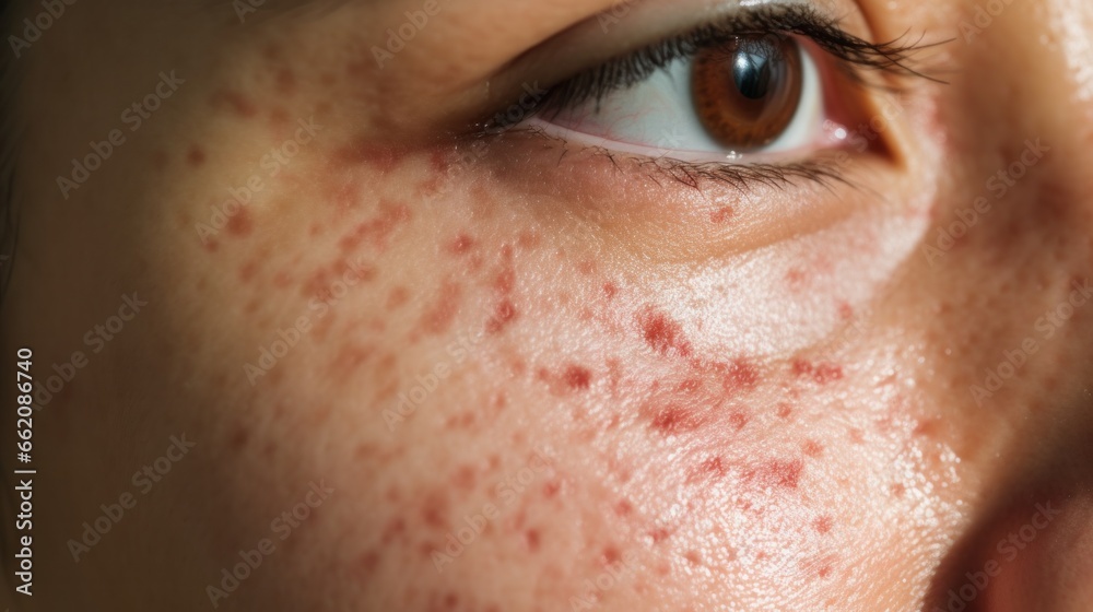 acne on woman face with rash skin, scar, and red skin syndrome allergic ...
