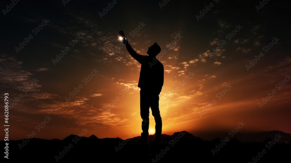 Silhouette of person stand and feel happy on use phone the most hight of technology communication. background sunrise, advertisement, alone, dark