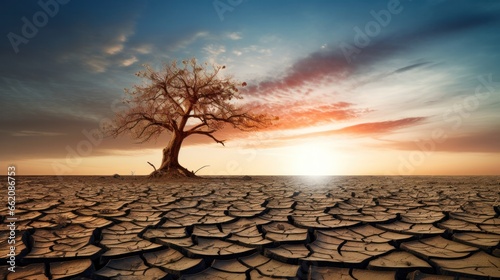 Dry cracked land with dead tree and sky in background a concept of global warming, environment, save, protect, earth, global warming, reduce, planet, growth, nature, ecosystem © pinkrabbit