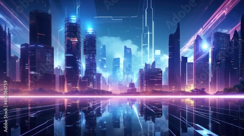 cityscape with space and neon light effect. Modern hi-tech, science, futuristic technology concept. Abstract digital high tech city design for banner background. © pinkrabbit