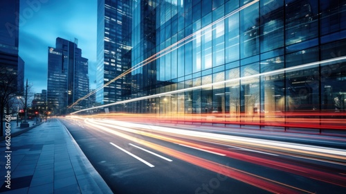 Light trails on the modern building background. Light trails at night in urban environment, Abstract Motion Blur City, traffic, transportation, street, road, speed.