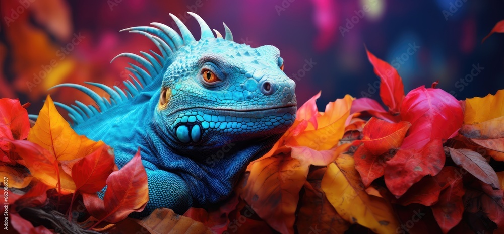 a lizard resting on a vibrant bed of leaves
