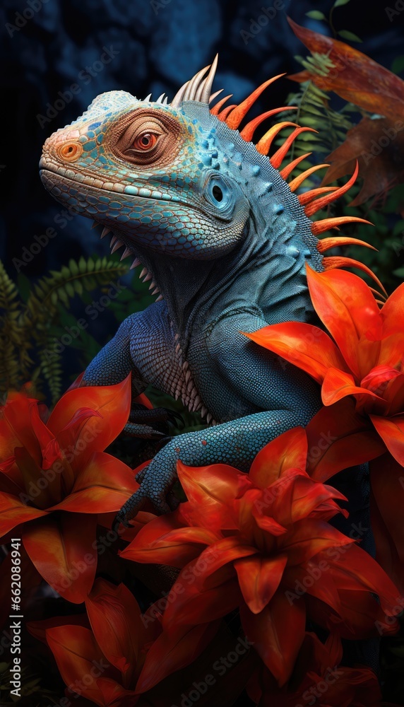 Obraz premium an iguana perched on vibrant red flowers