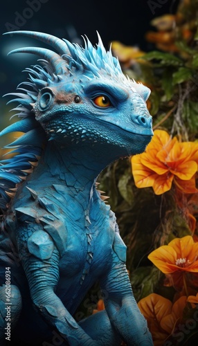 a majestic blue dragon in a vibrant garden