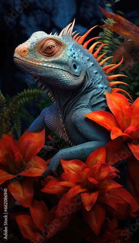 an iguana perched on vibrant red flowers