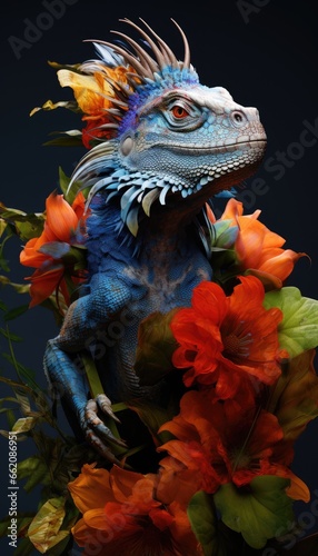 a blue iguana adorned with a floral necklace