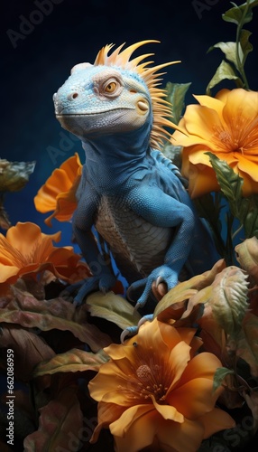 a vibrant blue lizard perched atop a colorful bed of flowers © pham