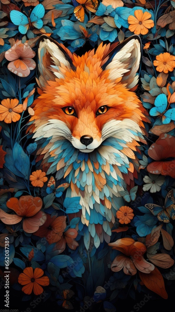 Fototapeta premium a beautiful painting of a fox surrounded by vibrant flowers