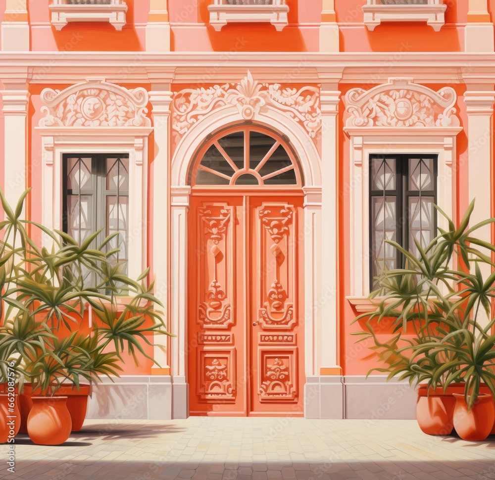 Fototapeta premium an orange building with potted plants in front
