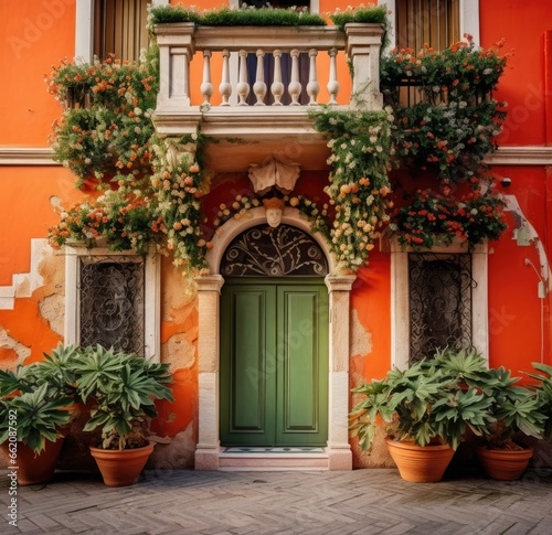 a vibrant green door framed by lush potted plants against the backdrop of a striking orange building © pham