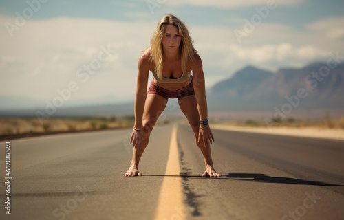 a woman bending over on the side of the road