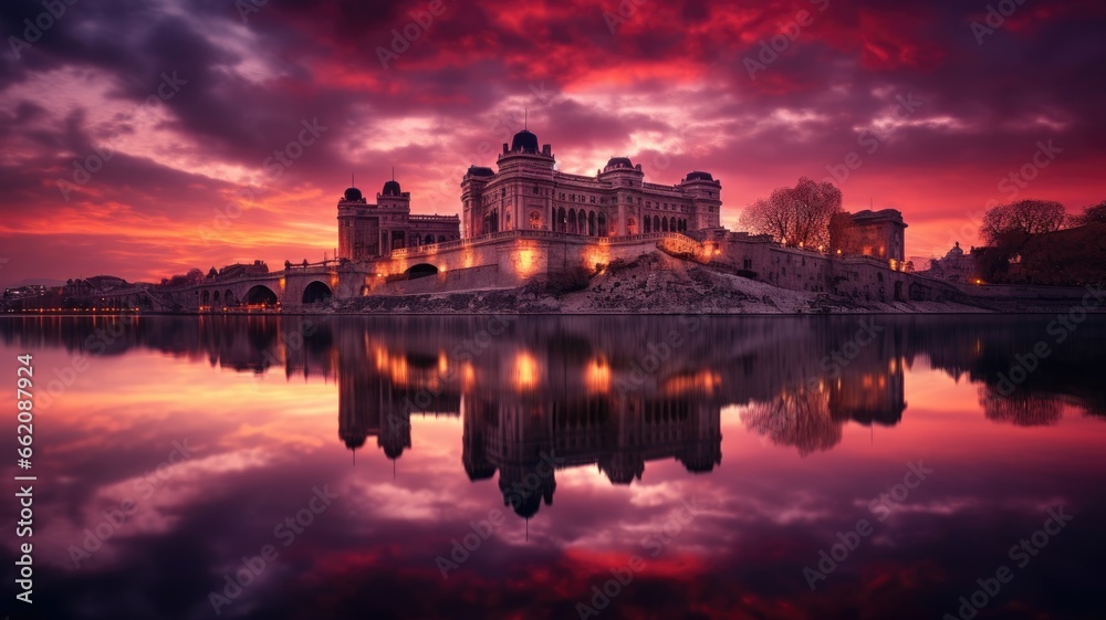 a majestic castle reflected in a serene lake under a dramatic cloudy sky