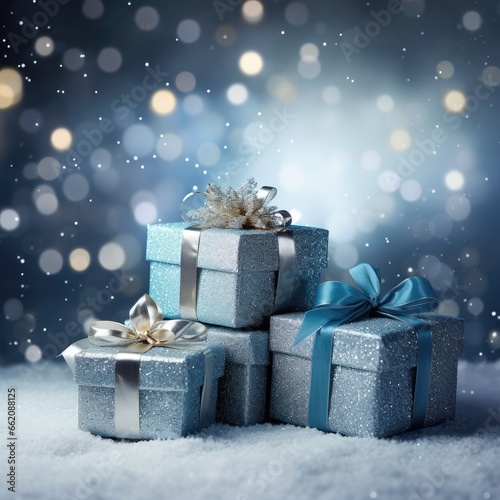 Christmas blue background with gift boxes and snowflakes © Kanokmai