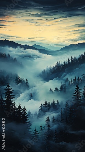 Fotografia, Obraz view foggy mountain range pine trees foreground soft wanderer above sea fog stor
