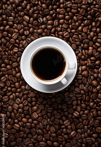 a cup of coffee on a bed of aromatic coffee beans
