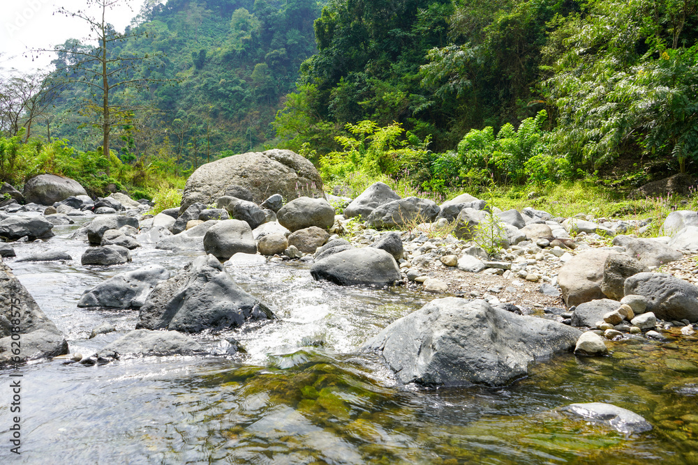 Rocky river water flow with green rice fields on the river side in Muria Mountains, Tempur Village, Jepara Regency, Central Java, Indonesia. Rocky river water flow with green rice fields on the river side in Muria Mountains, Tempur Village, Jepara Regency, Central Java, Indonesia.