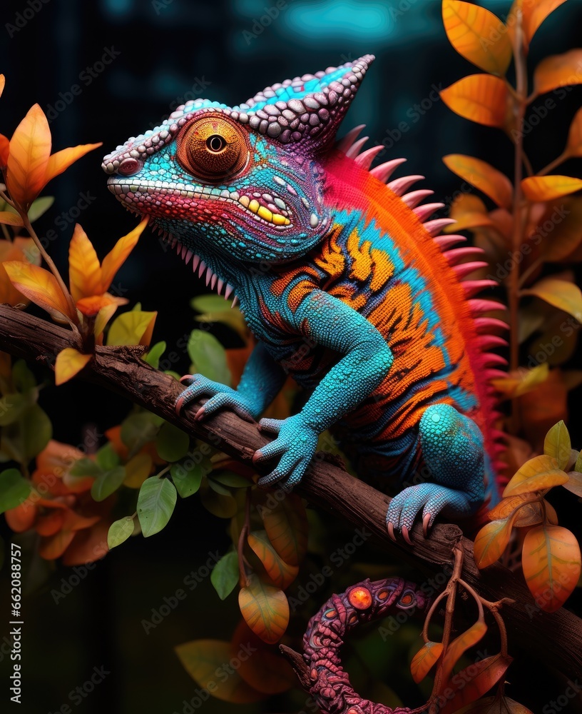 Fototapeta premium A vibrant chameleon perched on a tree branch