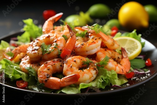 Shrimp dish with zesty lemon and fresh salad. Generative AI