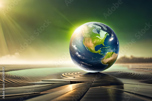 green planet concept - green tree in ptotecting shell with sunshine around.