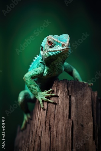 A green lizard perched on a wooden post