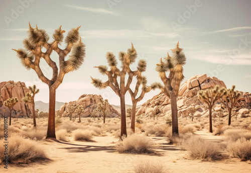 joshua trees tree in the desert landscape with dirt road and sunlight, generative ai