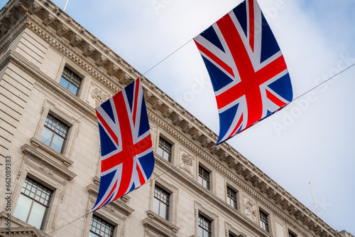 Closeup of British Union Jack flags in London street