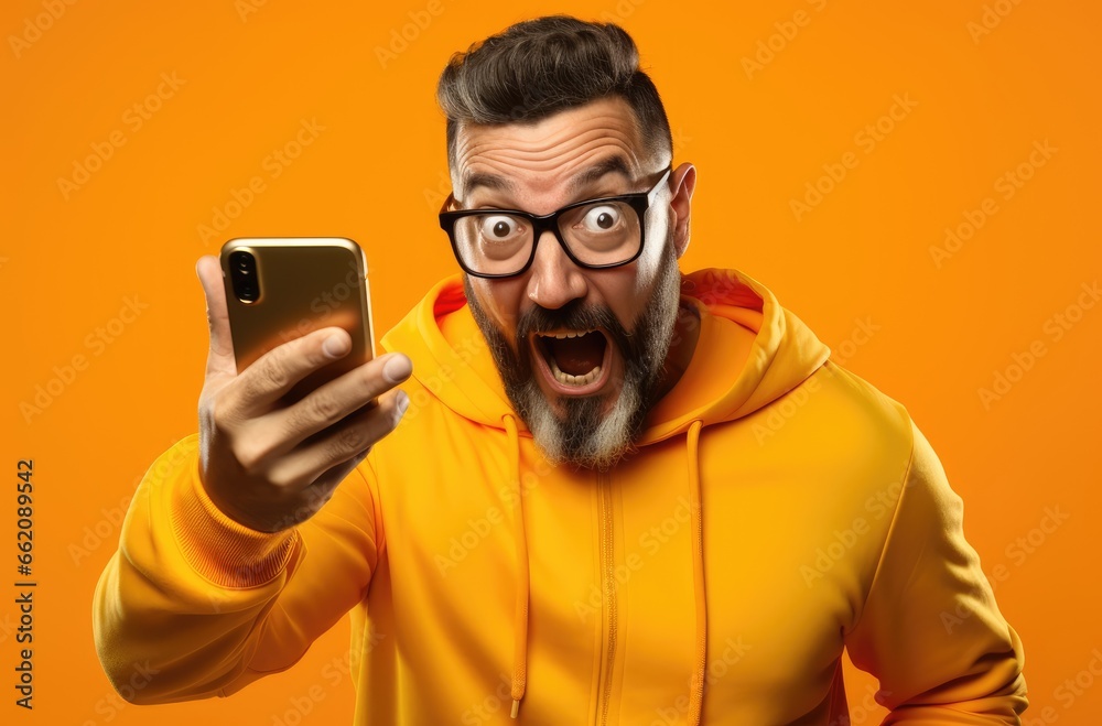 A man in a yellow hoodie holding a cell phone A man in a yellow hoodie holding a cell phone