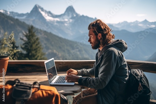 Digital nomad working on a laptop with a breathtaking mountain view created with Generative AI