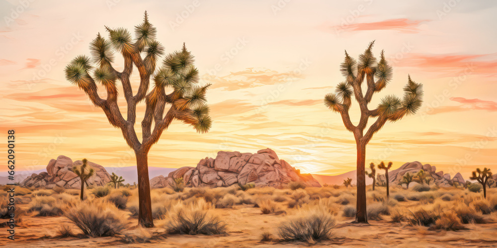 joshua trees tree in the desert landscape with dirt road and sunlight, generative ai
