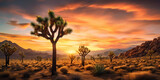 joshua trees tree in the desert landscape with dirt road and sunlight, generative ai