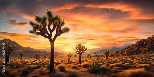 joshua trees tree in the desert landscape with dirt road and sunlight, generative ai