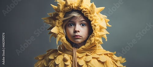 Sad young girl wearing chicken costume With copyspace for text
