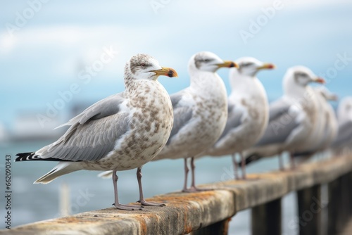 Seagulls perched on a wooden fence