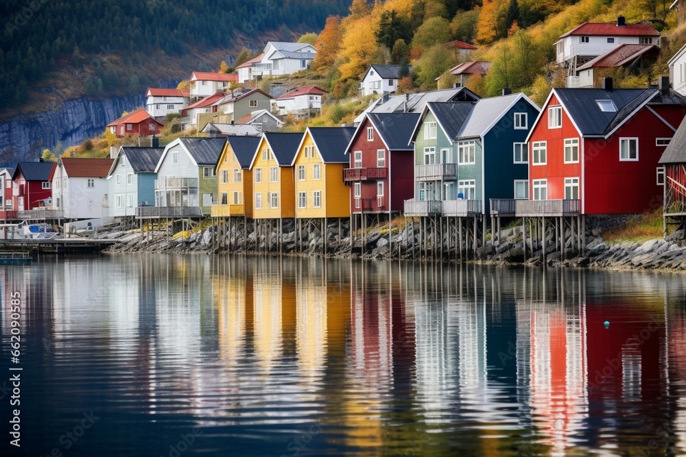 Vibrant houses on fjord shore. Generative AI