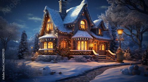 Blue hour illustration of a brightly lit home covered in snow holiday theme - Created using Generative AI © Roxane Bay