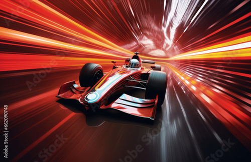 A red race car speeding through a tunnel