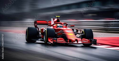 A vibrant red race car speeding down a thrilling race track © pham