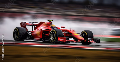 A red race car speeding on a track photo