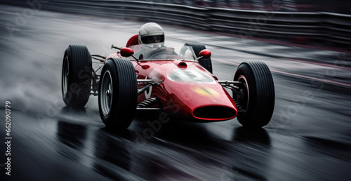 A man driving a red race car on a wet track © pham