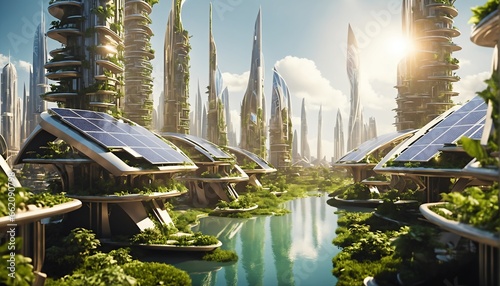 Ecological future city concept with carbon neutral footprint against global warmth. Green city solutions. Smart city. 