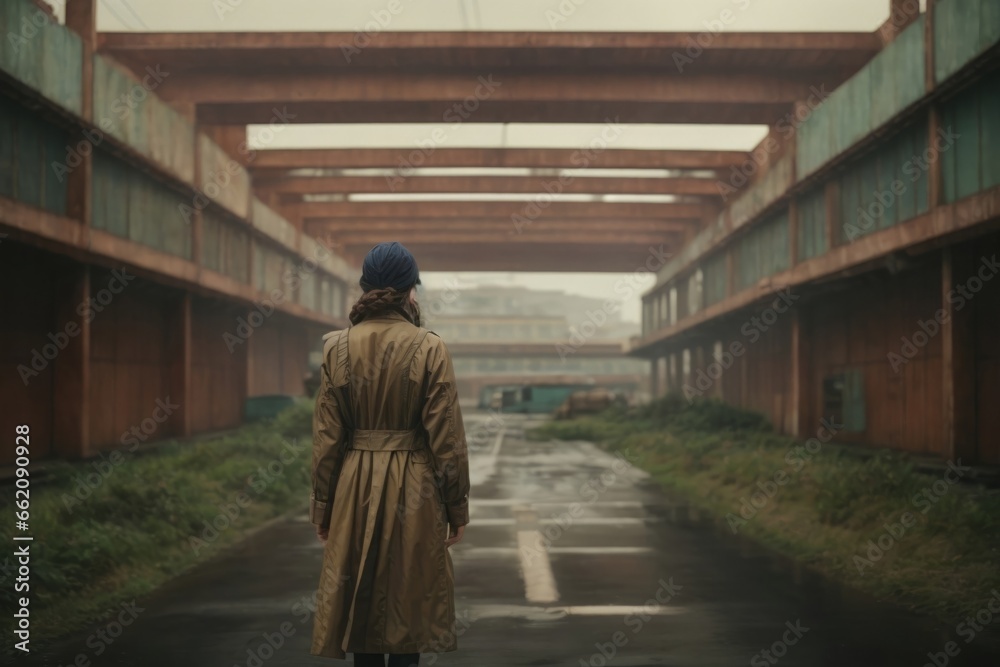 A Girl In a raincoat in a rainy day walking in the street