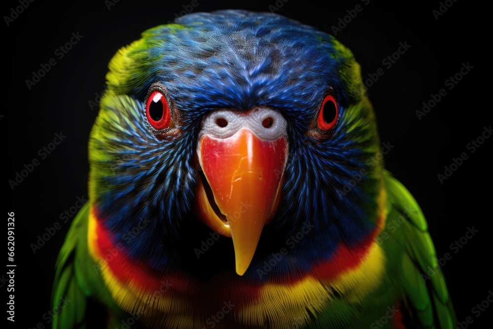 Naklejka premium A vibrant bird against a contrasting black backdrop