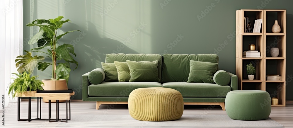 © The 2R Artificiality - Scandinavian living room with green velvet sofa gold pouf wooden furniture plants carpet cube and poster frames Template With copyspace for text © The 2R Artificiality - Scandinavian living room with green velvet sofa gold pouf wooden furniture plants carpet cube and poster frames Template With copyspace for text