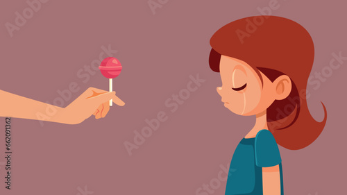 Sad Girl Being Comforted with a Lollipop Vector Cartoon Illustration. Unhappy little child suffering from poverty 

